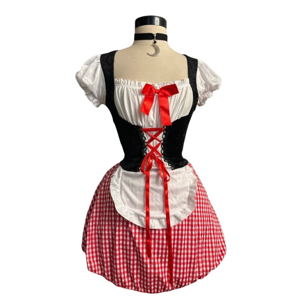 Red Riding Hood Costume Dress Gingham Lace Fairytale Halloween One Size (S-M)